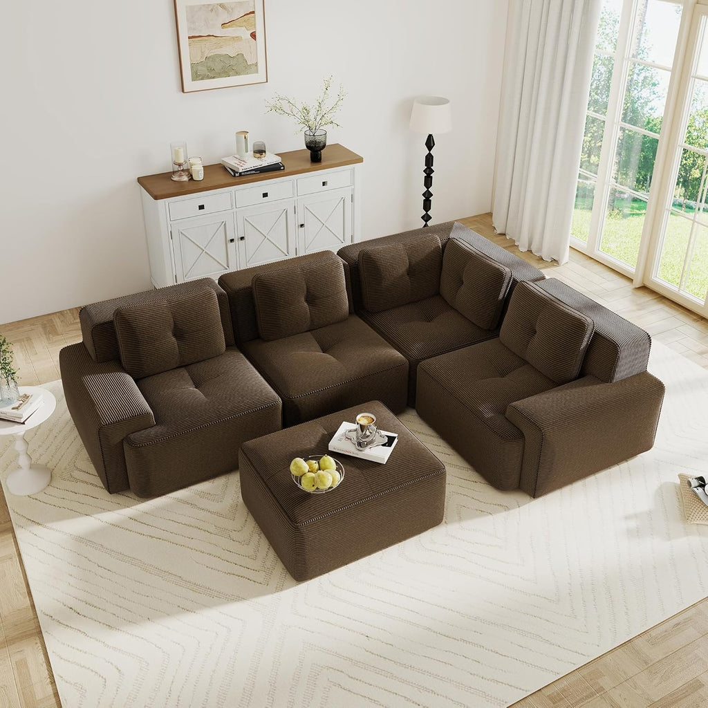 Oversized Modular Sectional Sofa, Modern V Shaped Corner Boneless Couch with Ottoman, Comfy 5 Seater Cloud Sleeper Sofa with Deep Seat, Customizable Layout Couches for Living Room, Apartment, Brown