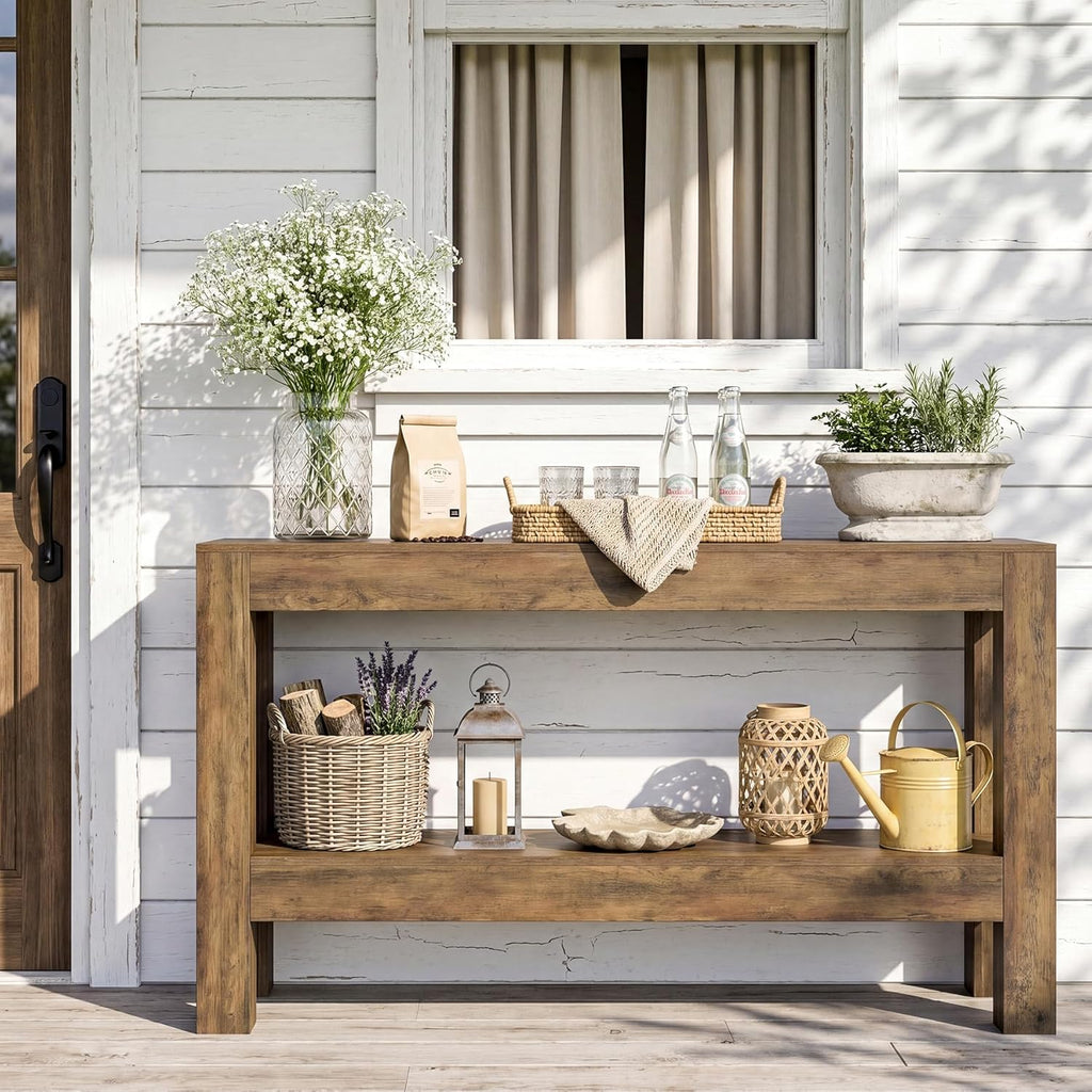LITTLE TREE 63-Inch Entryway Console Table, Long Farmhouse Narrow Sofa Table for Living Room, Hallway, Entry, Entrance, Foyer, Behind Couch with 2-Tier Shelves, Rustic Brown