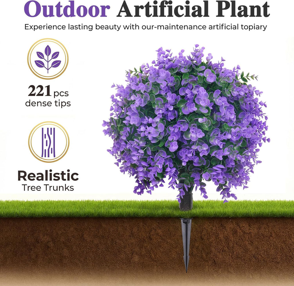 PATIO CHOICE Topiary Trees Artificial Outdoor Boxwood Ball Trees with Lavender Set of 2 22" Artificial Faux Plants Realistic Bushes Fake Shrubs Decorations for Outdoor Indoor Front Porch Garden