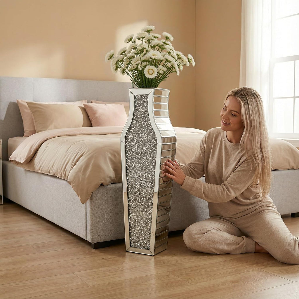 30" Large Double Sided Crushed Diamond Floor Vases,Tall Silver Mirrored Crystal Vase for Floor,Big Floor Vases Decorative Tall for Home,Office,Hotel(Silver,8.6" L x 5.3" W x 30" H)