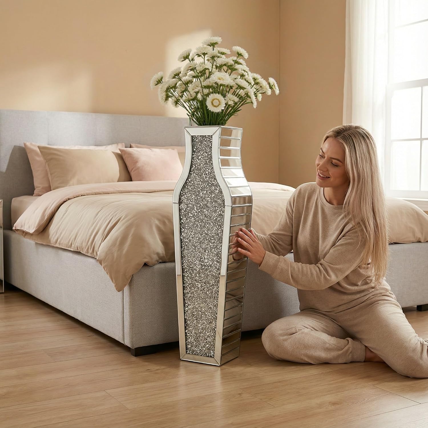 30" Large Double Sided Crushed Diamond Floor Vases,Tall Silver Mirrored Crystal Vase for Floor,Big Floor Vases Decorative Tall for Home,Office,Hotel(Silver,8.6" L x 5.3" W x 30" H)