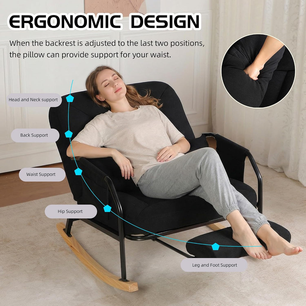 Oversized Reclining Rocking Chair with Foot Rest, 110°–160° Adjustable Backrest, Upholstered Armchair with Side Pocket for Nursery and Living Room, Black