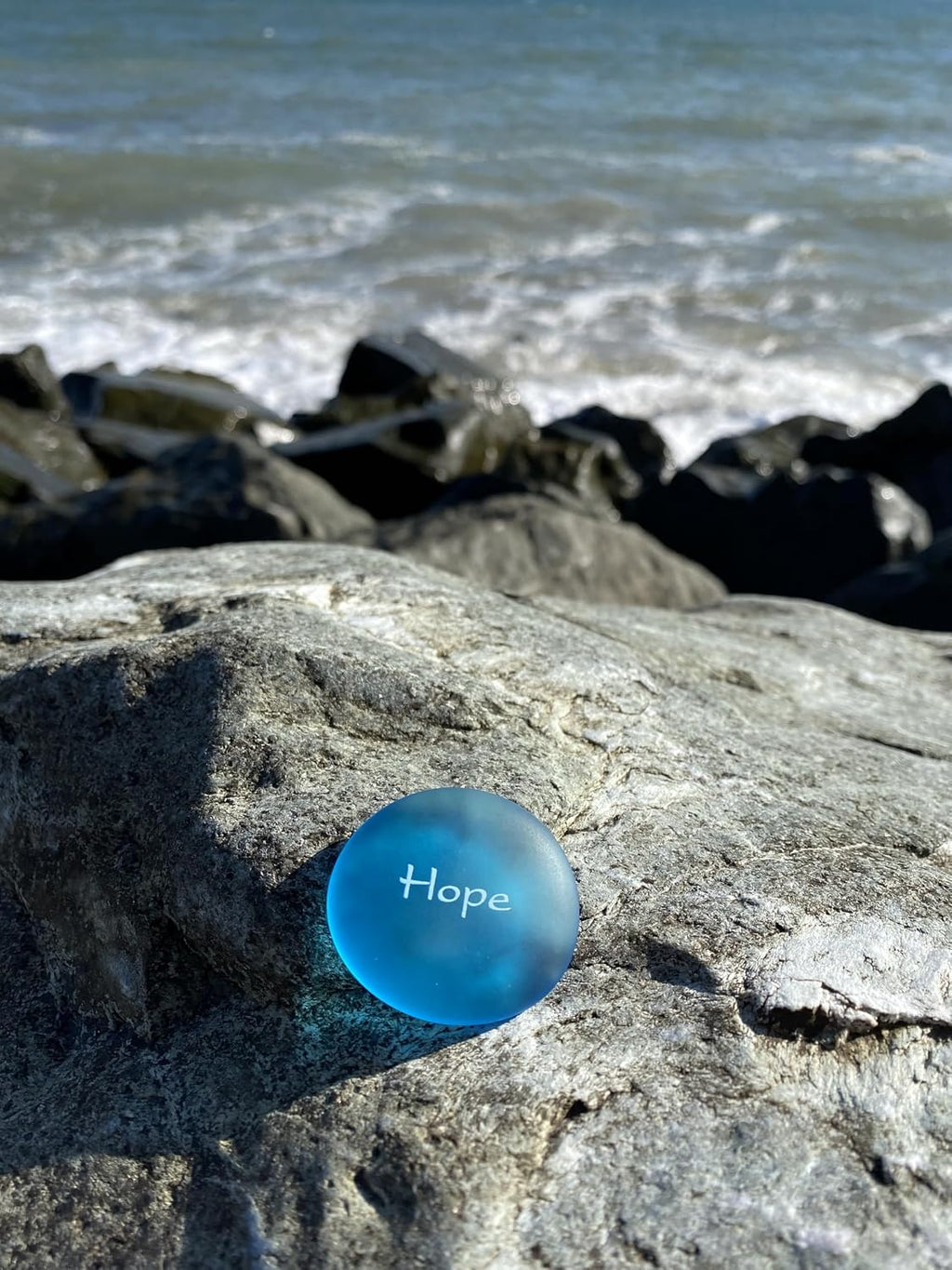 The Mermaid's Message I, Frosted Sea Glass Stones, Six Inspiring Words in Beach Colors, by Lifeforce Glass.