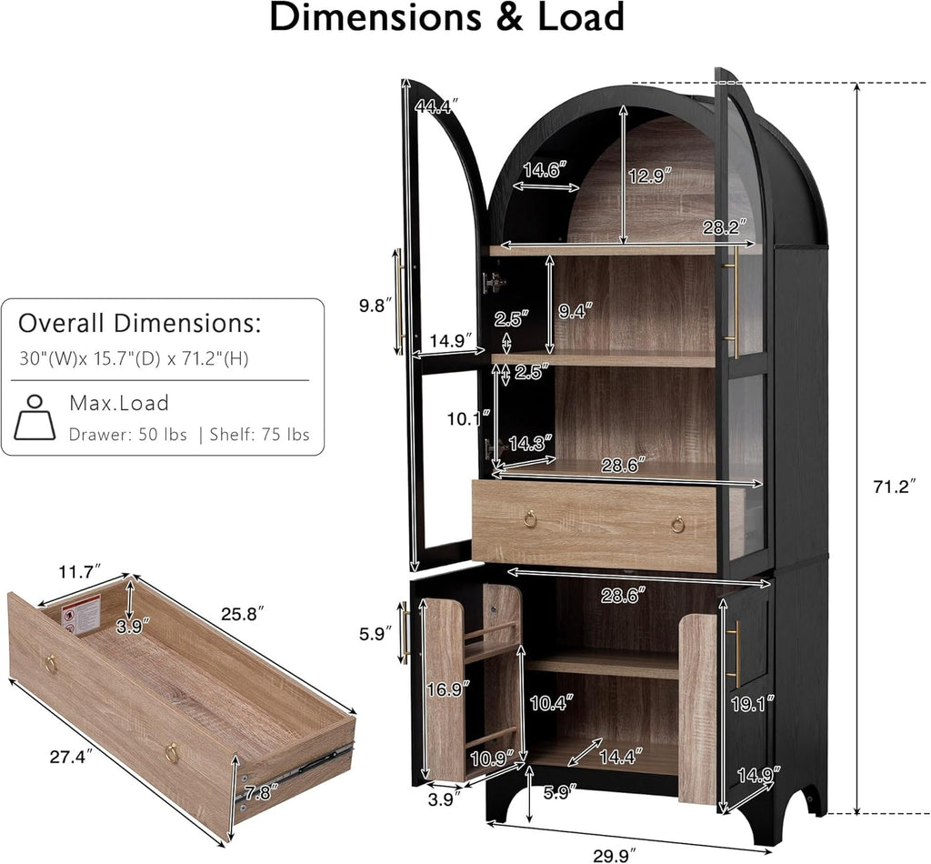 Kitchen 71" Arched Pantry Hidden Storage，Black-V | Adjustable Shelves Soft-Close Doors Anti-Tip Safety 4-Door Racks Durable MDF Multi-Room Use