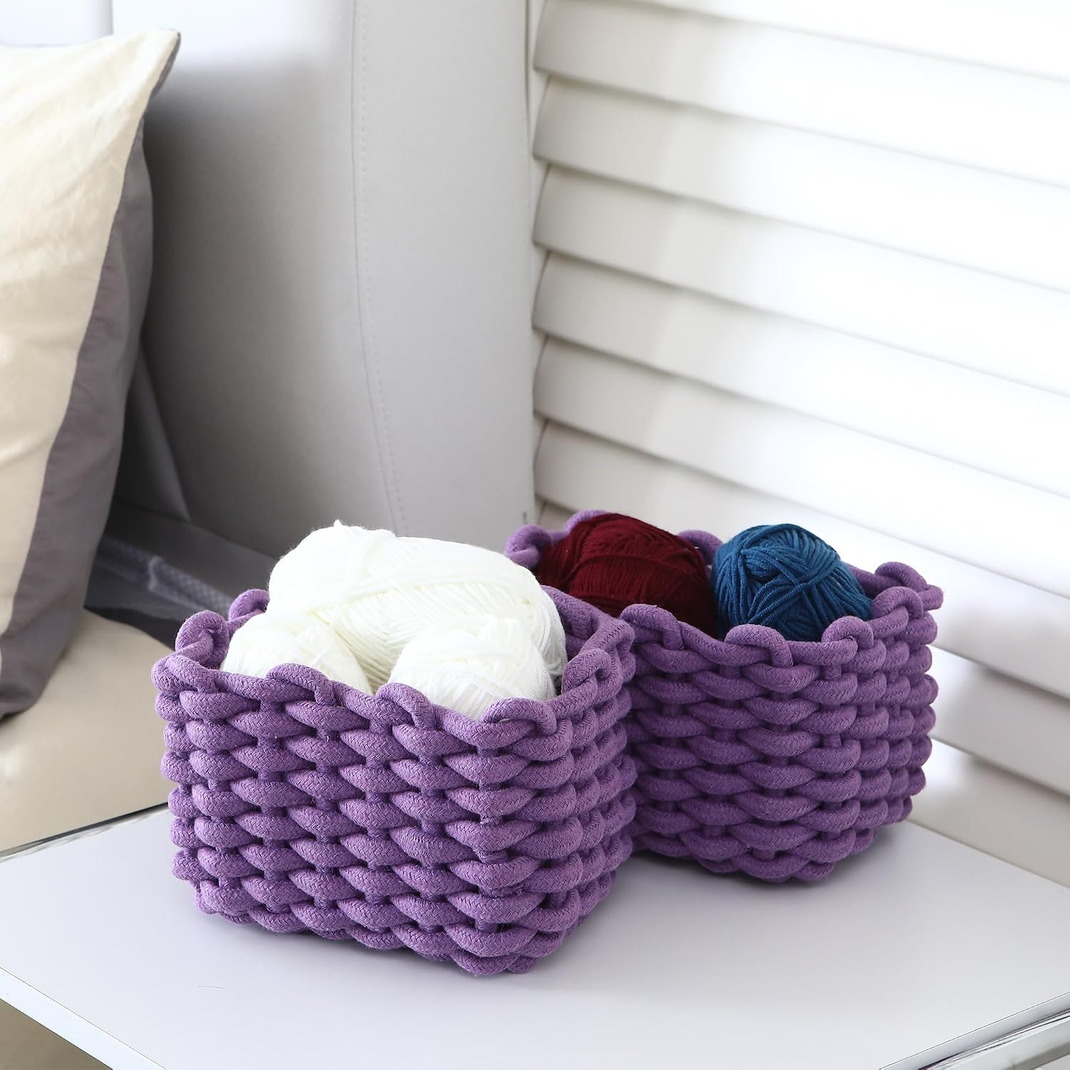 Sea Team 3-Pack Rectangle Woven Cotton Rope Storage Baskets with Handles, Shelf Basket, Closet Organizers, 3-in-1, Purple