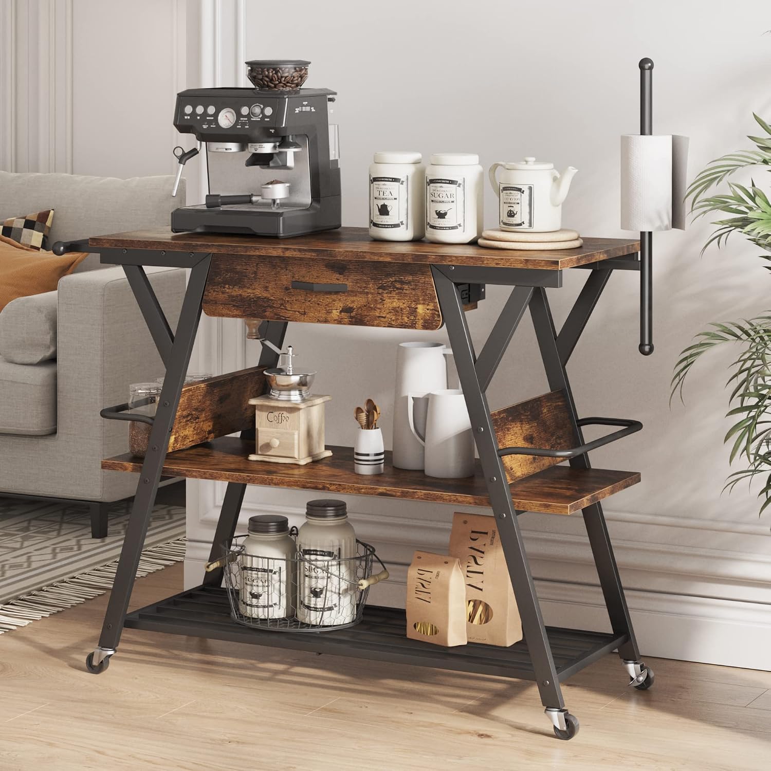 Bestier Coffee Bar Station, Kitchen Island Cart with Storage, Coffee Cart Station with Drawer,Paper Towel Holder and Lockable Wheels, Bar able for Dinning Room Living Room, Rustic Brown