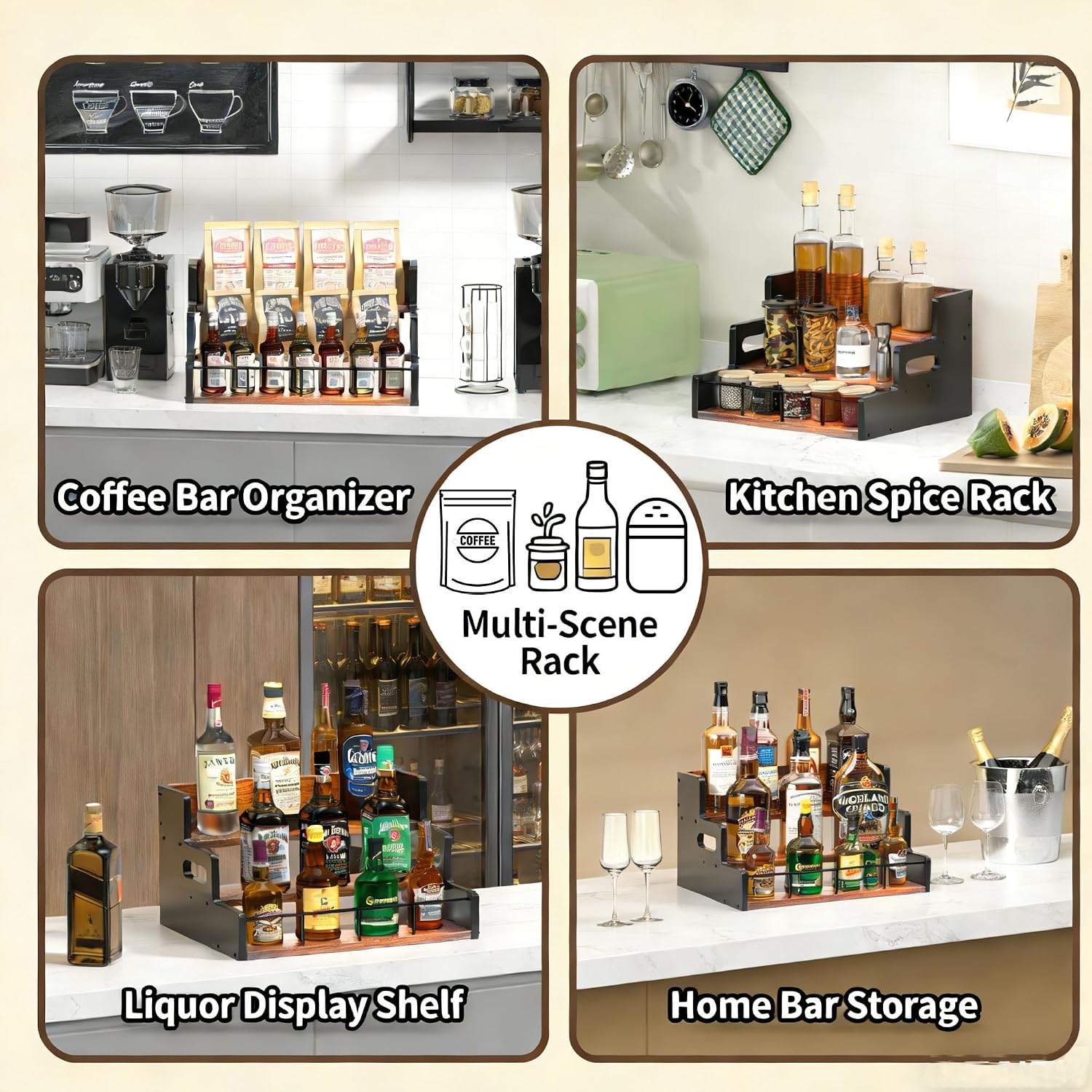 Liquor Bottle Display Shelf,Wood Syrup Organizer Rack,3 Step Countertop Organizer Wine Rack,Rustic Coffee Station Accessories for Syrup (Brown)