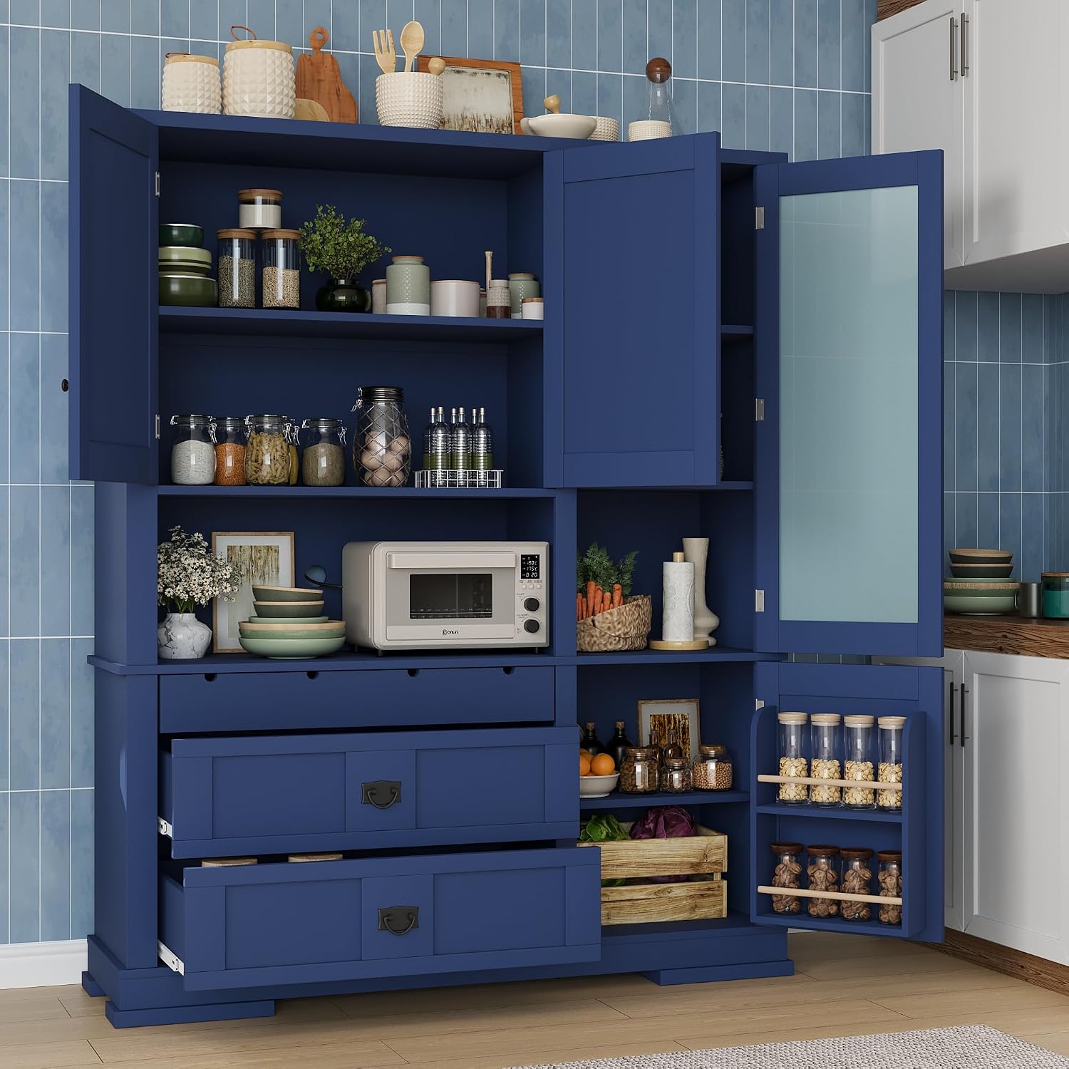 Merax 63 inch Kitchen Pantry Storage Cabinet, Freestanding Buffet Cabinet with Hutch, Drawers, Adjustable Shelves & Microwave Spot, for Dining Room, Kitchen, Blue