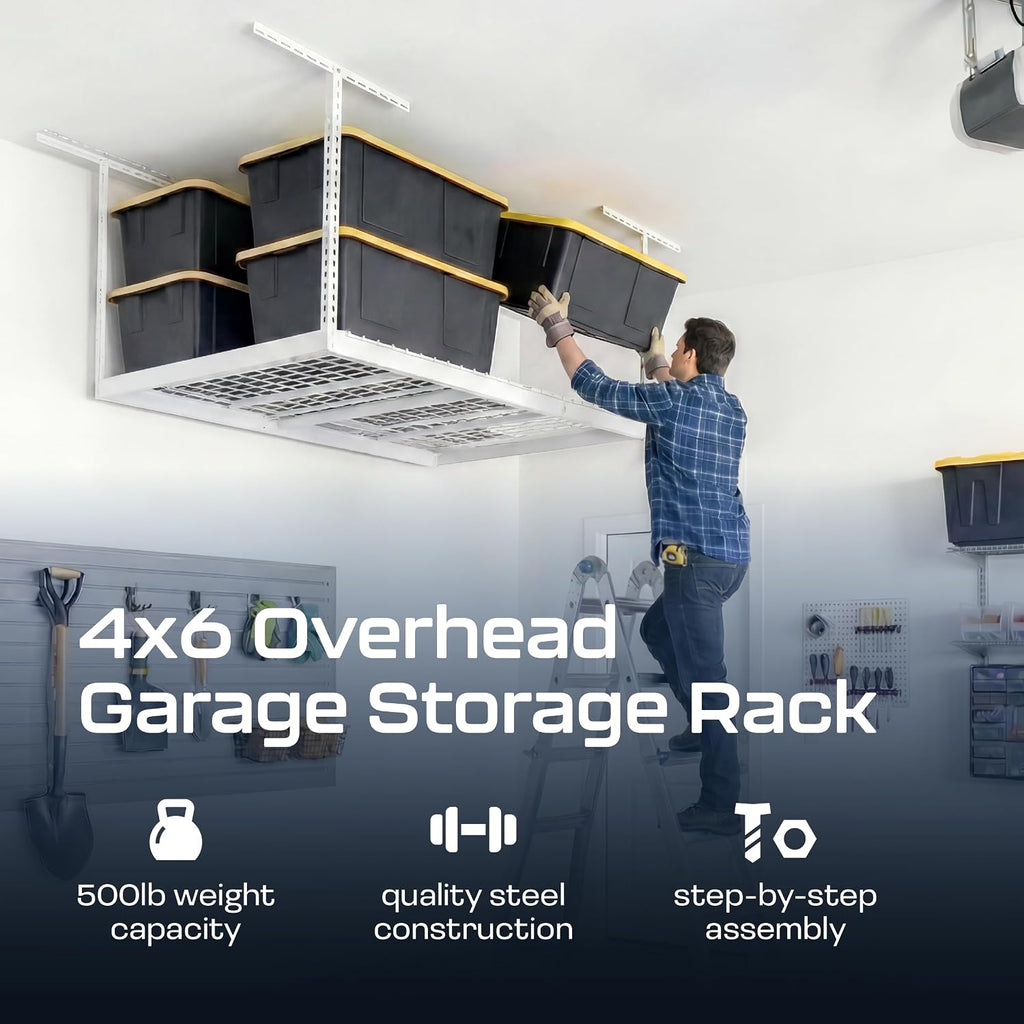 MonsterRax Overhead Garage Storage Racks 4x6, Ceiling Mounted Shelving, Adjustable Hanging Storage Organizer, Heavy Duty Steel, Holds 500 Pounds, Color: White, Adjusts 24"-45” off Ceiling