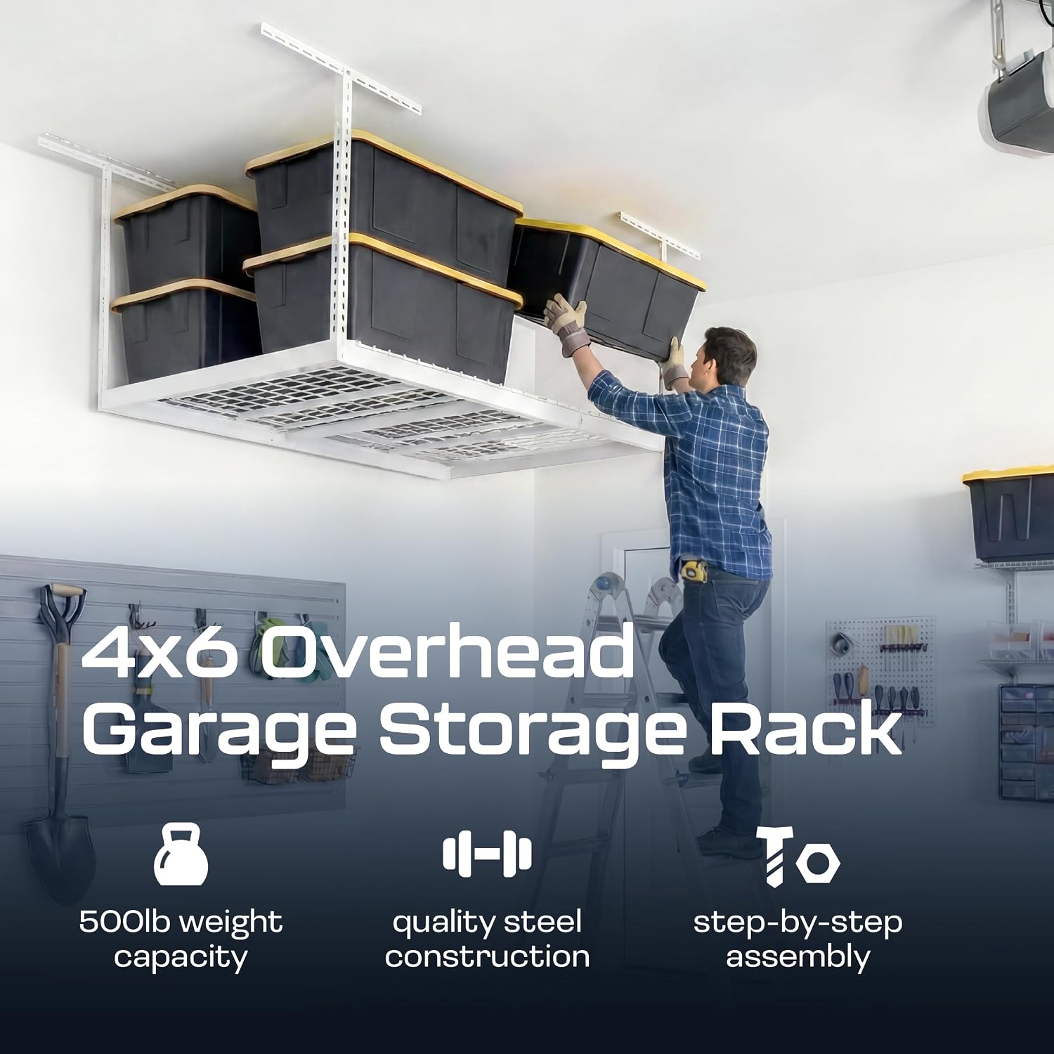 MonsterRax Overhead Garage Storage Racks 4x6, Ceiling Mounted Shelving, Adjustable Hanging Storage Organizer, Heavy Duty Steel, Holds 500 Pounds, Color: White, Adjusts 24"-45” off Ceiling