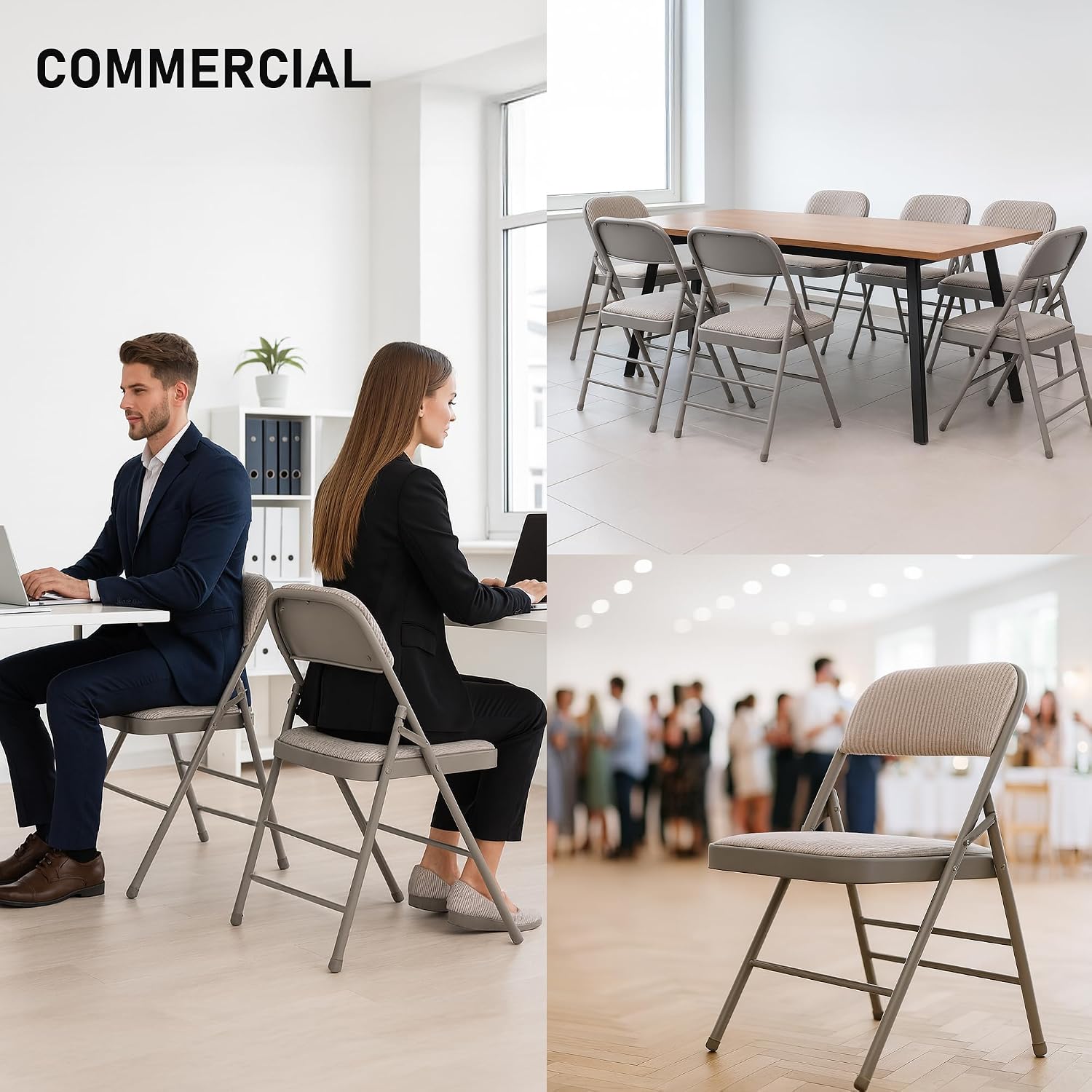 SEALAMB 4 Pack Folding Chairs with Comfort Seat, Heavy Duty Metal Frame Portable Stackable Chairs for Wedding Party Office School Church Events, Indoor Outdoor Use, 350 lb Capacity, Grey