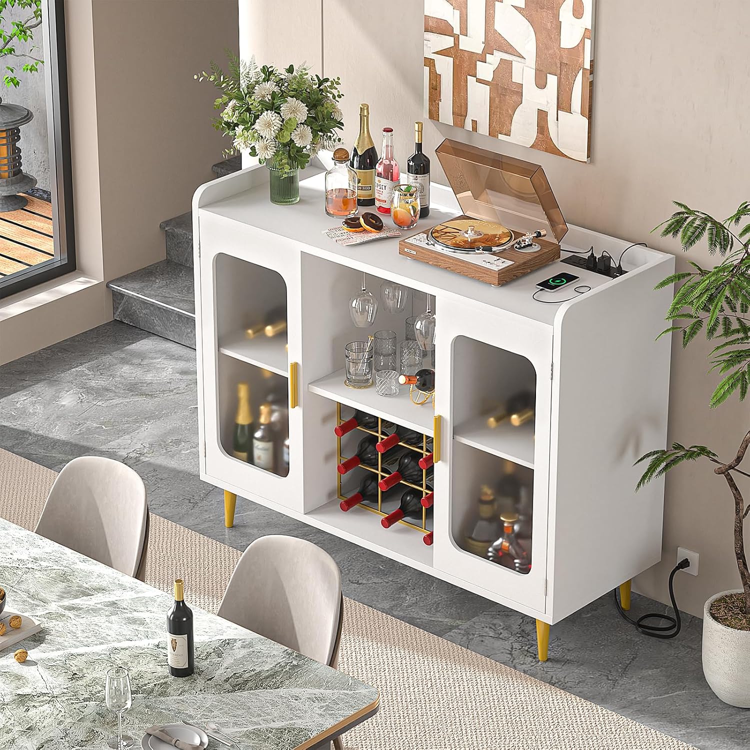iSunirm Wine Bar Cabinet with Power Outlet, Liquor Cabinet Bar with LED Light and Glass Holder, Home Coffee Bar Cabinet, Buffet Sideboard with Storage Shelf for Kitchen, Dining Room, White