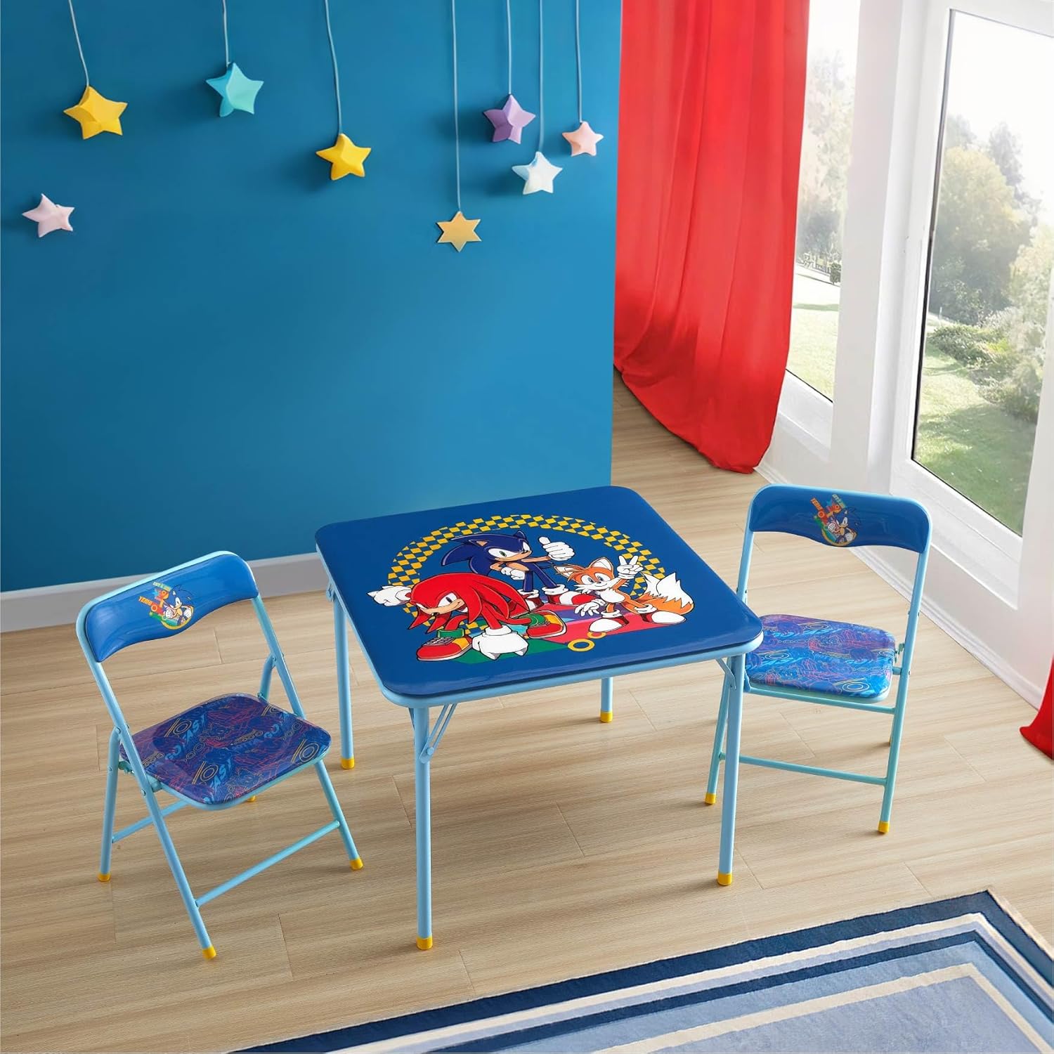 Sega Sonic The Hedgehog Kids Table and Chair Set, 3-Piece Square Table with 2 Folding Chairs for Playroom & Activities