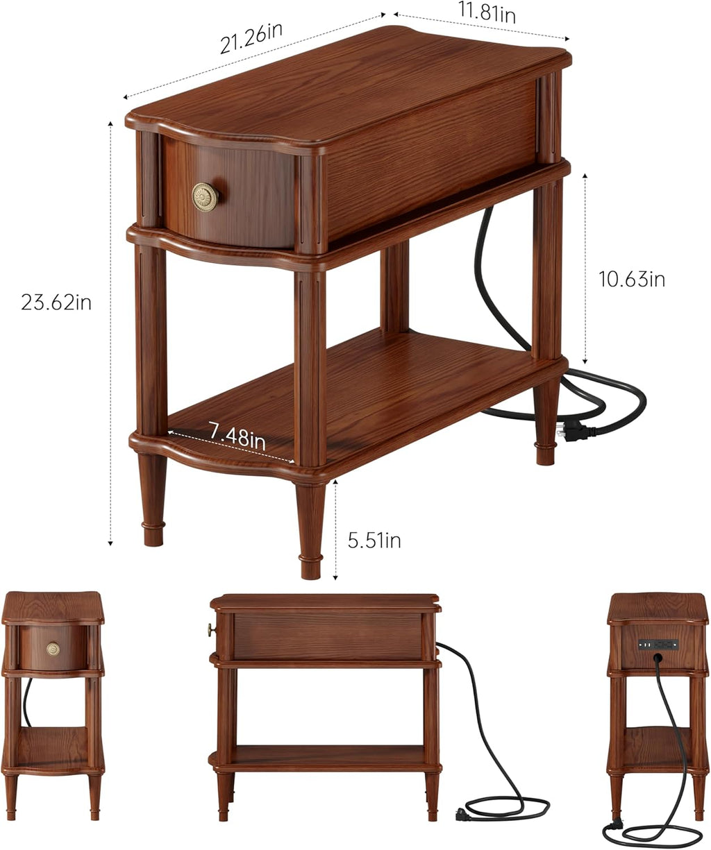 Nightstand with Charging Station & Drawer, Pre-Assembled Vintage Side Table with Shelf, Rustic Wood Finish Narrow End Table with Turned Legs for Bedroom Living Room, Caramel Walnut Brown, 2Pcs