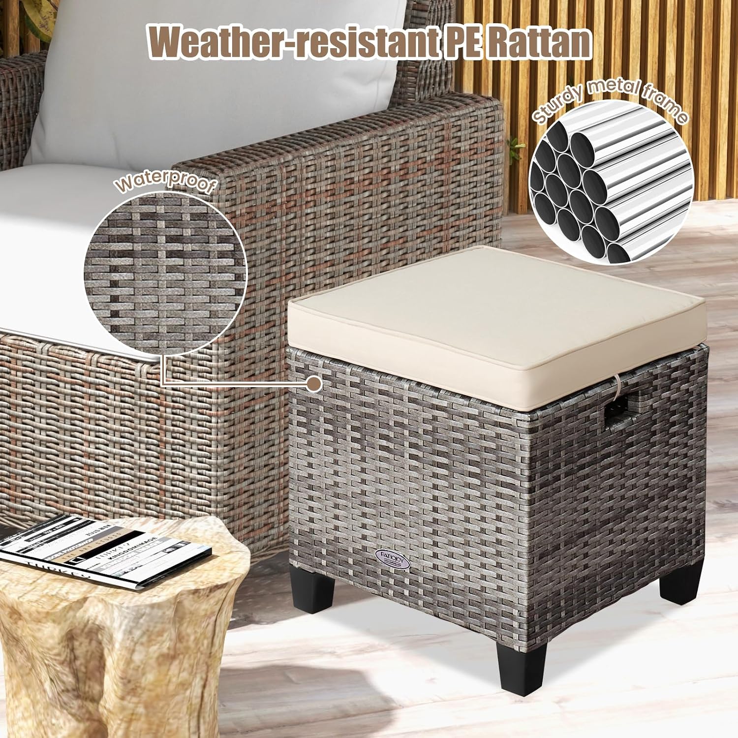 ORALNER Set of 2 Outdoor Ottoman, 16” Wicker Foot Stools, All-Weather Rattan Cube Footstool w/Removable Cushions, Square Footrest Extra Seating for Patio, Porch, Deck, Easy Assembly (Beige)