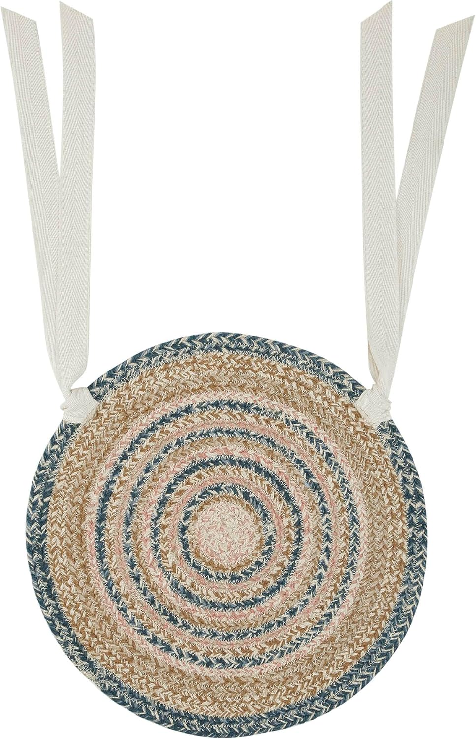 VHC Brands Kaila Farmhouse 15 in Chair Pad Blue Textured Jute Striped Round Kitchen Table Decor, Set of 2
