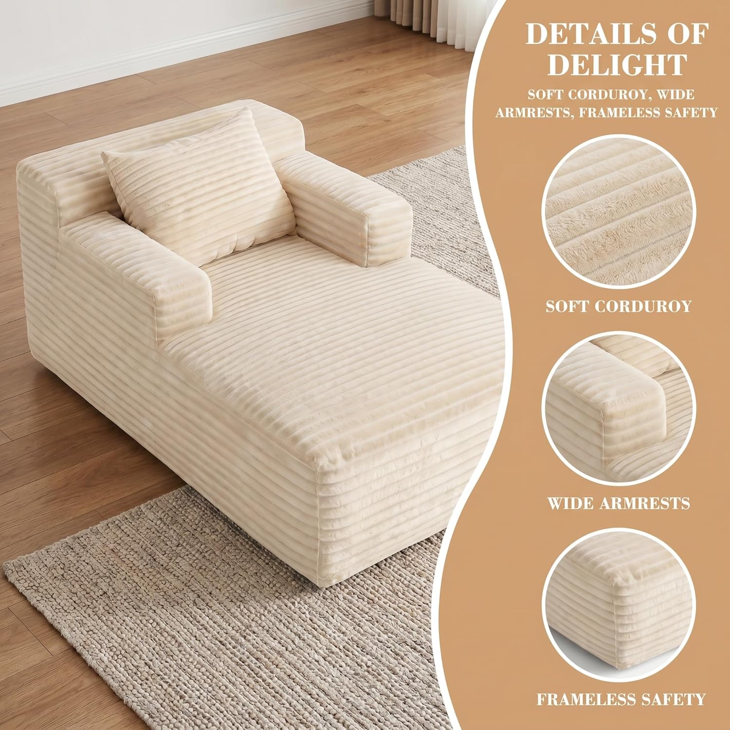 45" Mini Boneless Chaise Lounge Chair, Corduroy Upholstered Sofa Bed, Deep Seat Sleeper Couch, Small Comfy Cloud Couch for Living Room, Bedroom, Movie Room, Beige