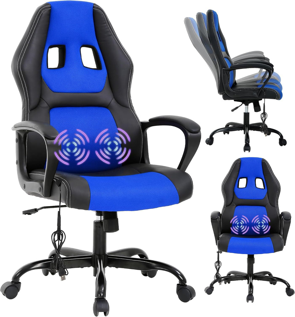 Silla Gamer Ergonomic Massage Gaming Chair - Blue Leather Desk Chair for Adults and Kids