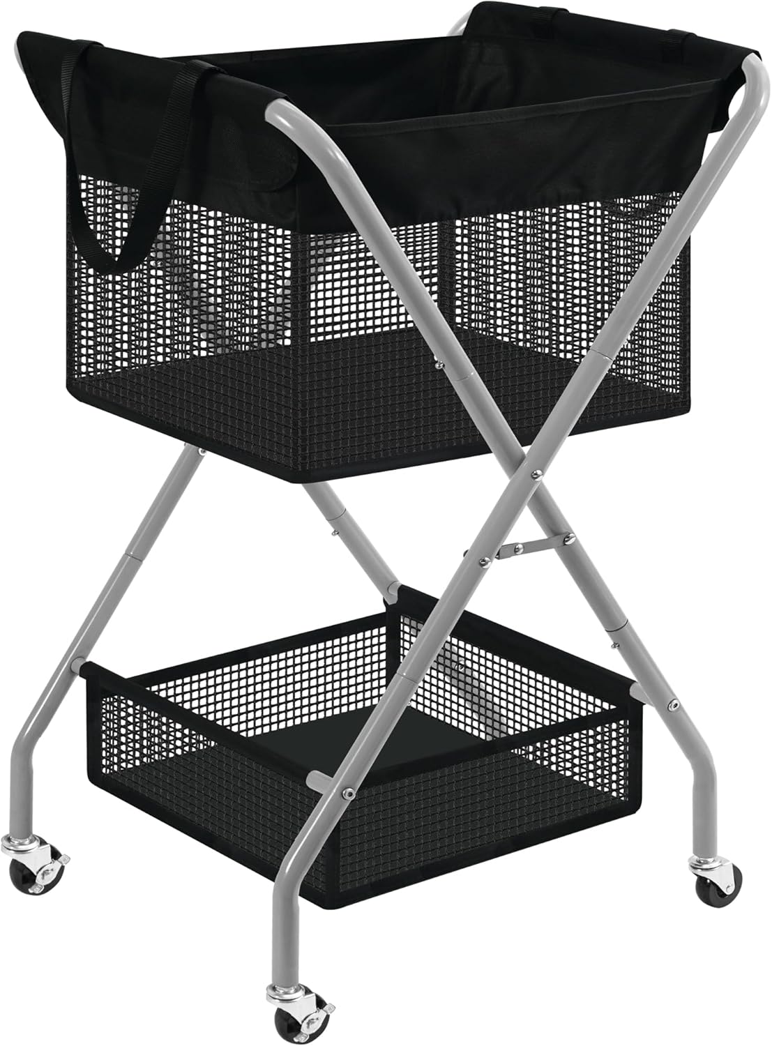 STO STO 2-Tier Foldable Laundry Cart with Wheels, 75L Tall Rolling Laundry Hamper, Collapsible Laundry Basket with Removable Bag, Rust-Resistant Steel Frame for Laundry Room, Bathroom, Dorm, Black