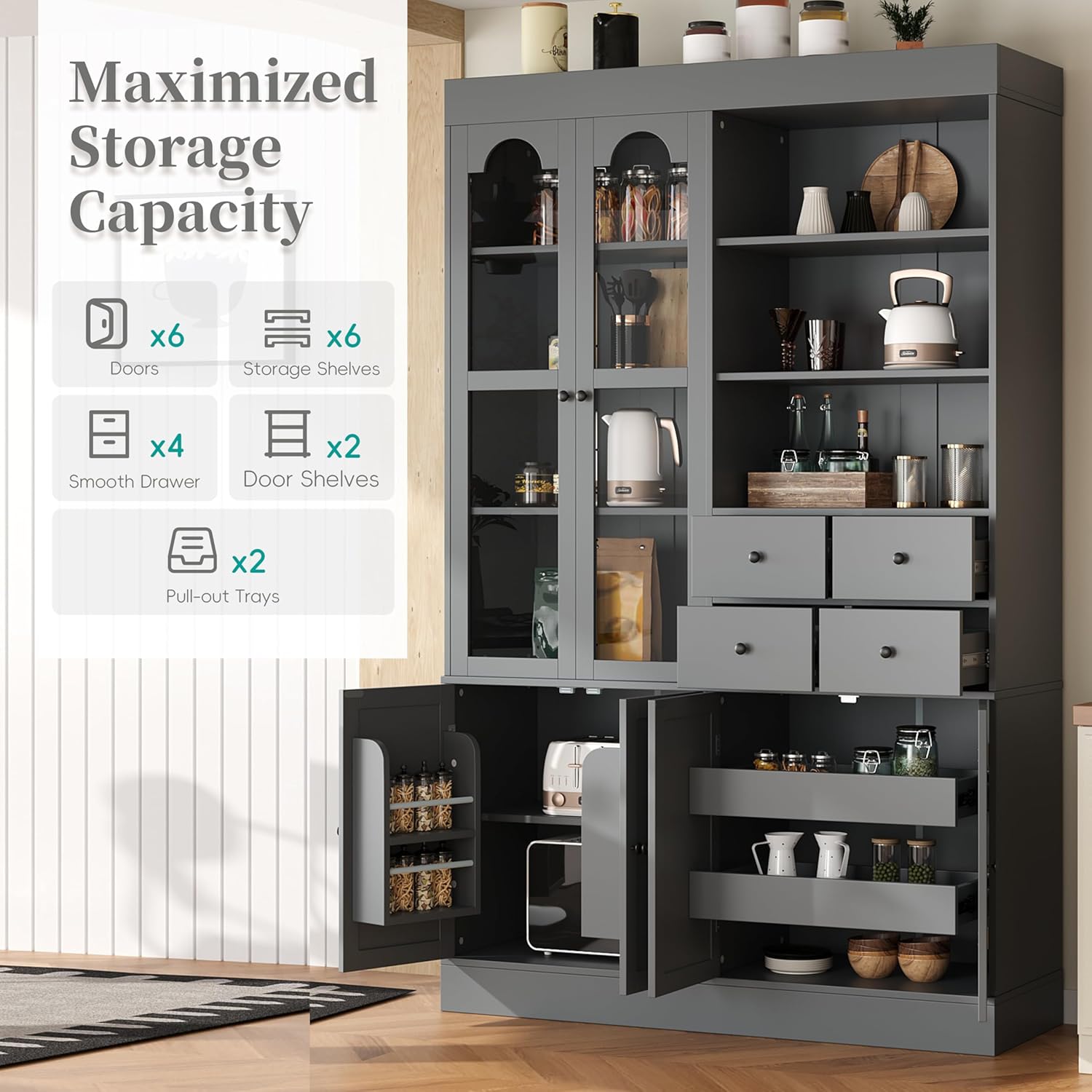 Tall Farmhouse Kitchen Pantry Storage Cabinet，47.2x15.7x75inch Freestanding Buffet with Hutch,Kitchen Pantry Cabinet with 4 Drawers,Door Shelves and Pull-out Trays for Dining room,Living Room,Gray