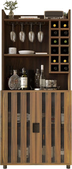 Wine Cabinet with 12 Wine Bottle Racks, 70'' Wine Bar Cabinet Bar Cabinet Tall with Storage, Modern WoodenTall Liquor Cabinet with Glass Holder for Home, Brown