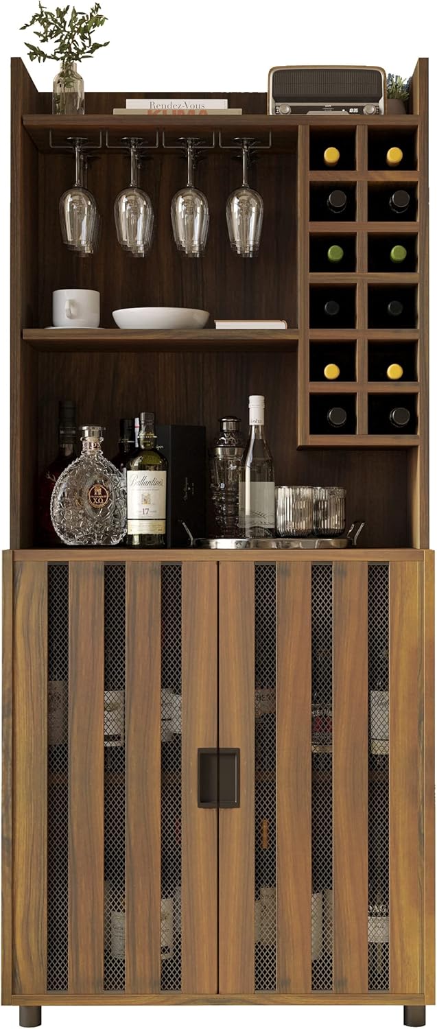 Wine Cabinet with 12 Wine Bottle Racks, 70'' Wine Bar Cabinet Bar Cabinet Tall with Storage, Modern WoodenTall Liquor Cabinet with Glass Holder for Home, Brown