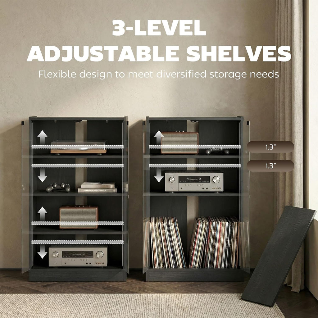 HOMCOM Media Cabinet, 4-Tier Stereo Cabinet for Vinyl Record Player, Gaming Console, AV Record Player Stand with Adjustable Shelves, Push-to-Open Glass Doors and Cable Management, Distressed Black
