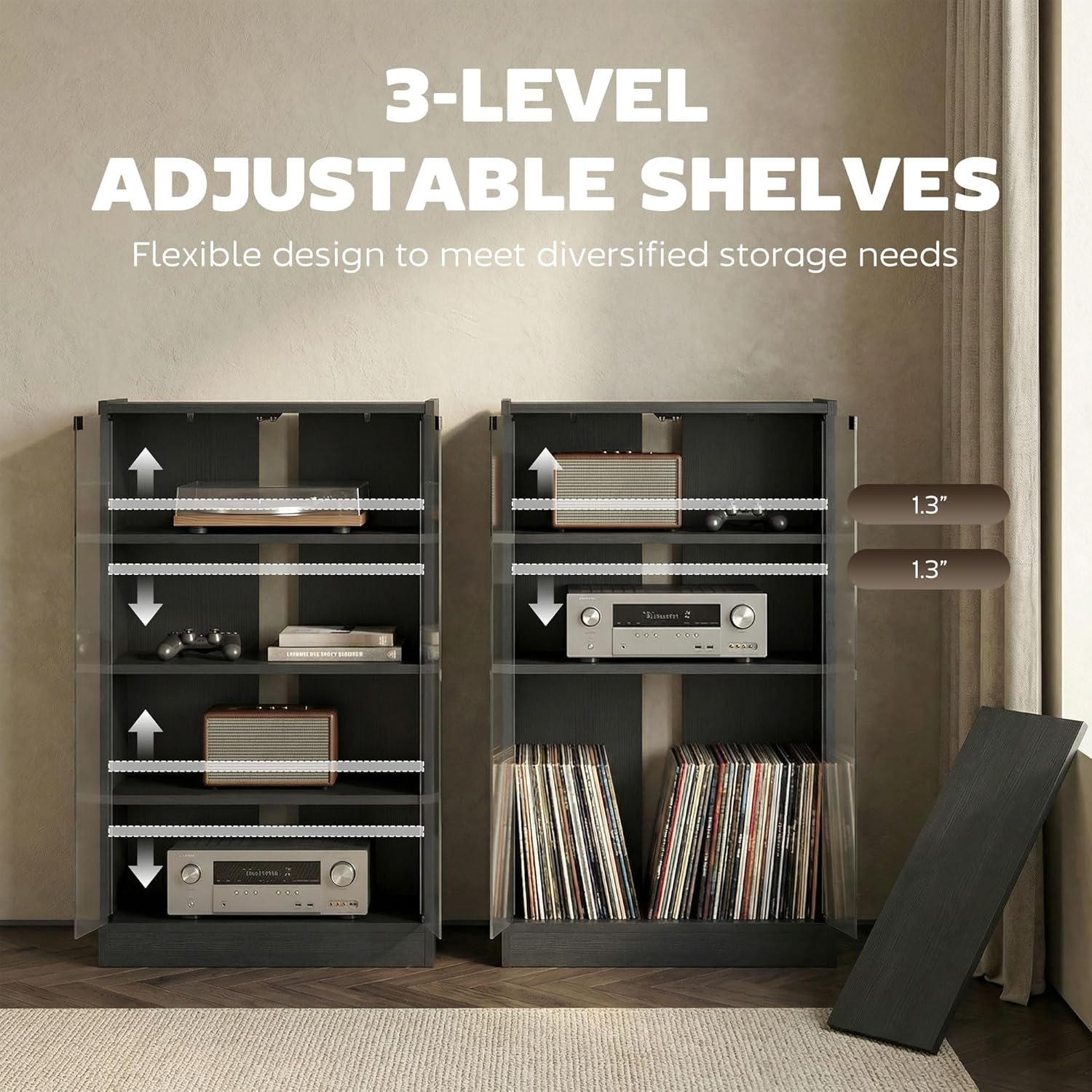HOMCOM Media Cabinet, 4-Tier Stereo Cabinet for Vinyl Record Player, Gaming Console, AV Record Player Stand with Adjustable Shelves, Push-to-Open Glass Doors and Cable Management, Distressed Black