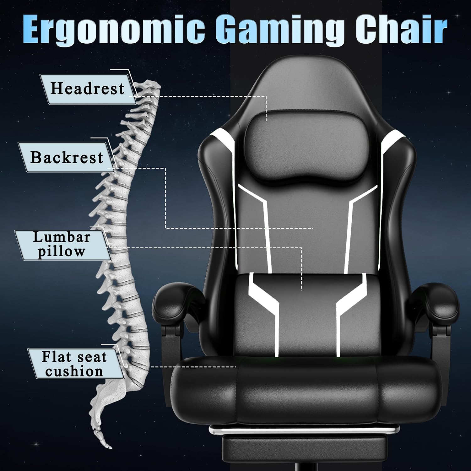 Ergonomic Gaming Chair, Video Game Chair with Pocket Spring Cushion and Footrest, Height Adjustable Computer Chair with Swivel Seat and Headrest (White)
