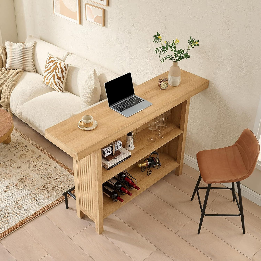 Okvnbjk 63-Inch 2-Tier Bar Table with Footrest, Oak | Coffee Bar Cabinet, Large Counter Height Pub Table Storage Shelf Home Bar Unit for Kitchen, Bistro, Dining Room, Living Room