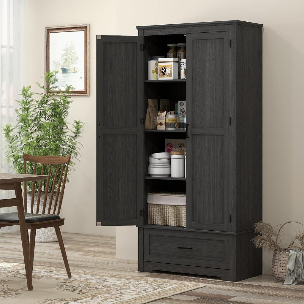 69" Tall Kitchen Pantry Storage Cabinet, Farmhouse Freestanding Pantry Cabinet with 2 Doors, Drawer and Adjustable Shelves for Dining Room, Black,15.7 * 31.5 * 68.9