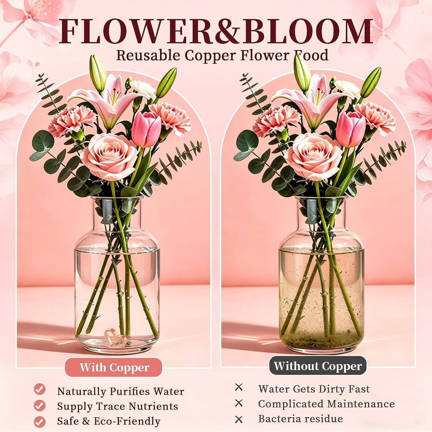Fresh Cut Flower Food Copper Heart – Boost Flower Food Packet & Keep Water Clean for Longer Life, 99.99% Copper, Eco Friendly, Reusable Vase Accessory for All Fresh Cut Flower Varieties (1-Pack)