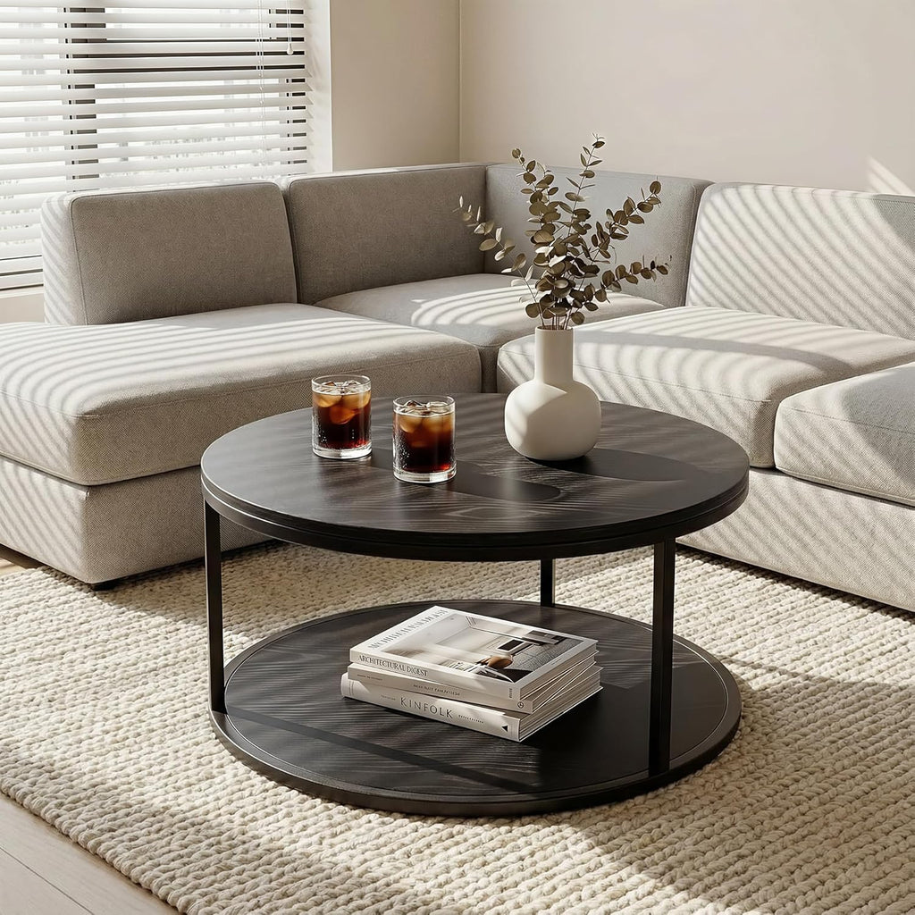 YESHOMY 36" Modern Round Coffee Table for Living Room, 2-Tier Wood Design with Storage Shelf, Sturdy Metal Frame, Stylish Small Space Furniture, Black Metal