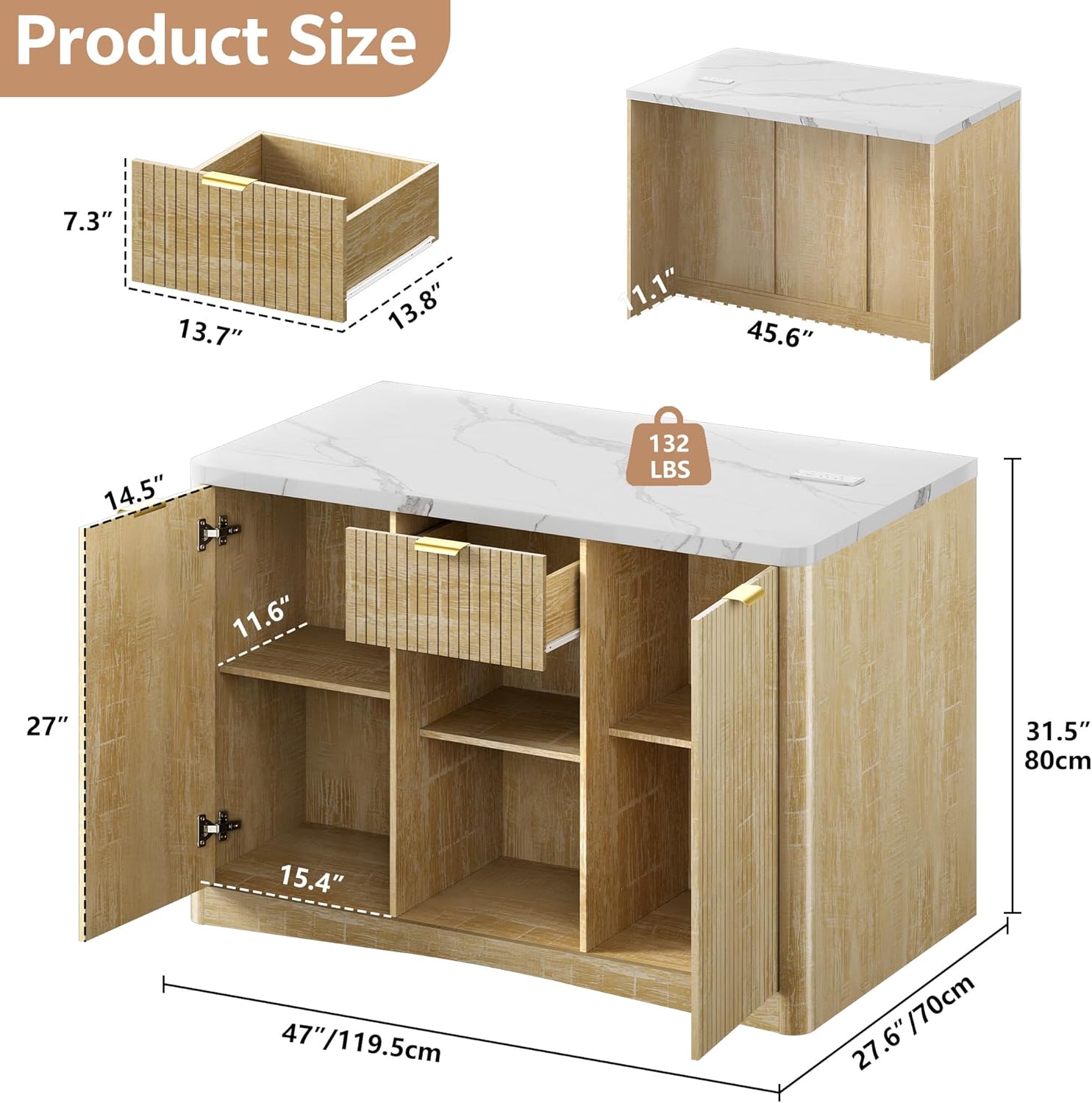 Kitchen Island Cart with Storage, 47.2"x31.5" Kitchen Island Marble Top Adjustable Shelf Rolling Storage Cart with Drawer Coffee Bar Cabinet with Power Outlet - Natural Wood
