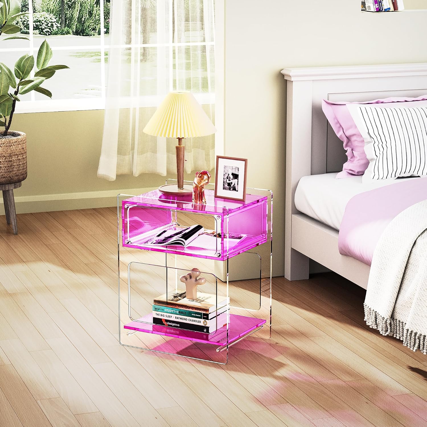 Acrylic Side Table for Living Room, Acrylic Nightstand for Bedroom, L-Series, 15.7'' x 11.8'' × 19.7'' inches (Pink)