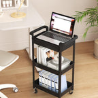 MIOCASA 3-Tier Utility Rolling Cart with Cover Top Board, Kitchen Storage Organization Cart with Wheels for Office, Classroom, Living Room, Kitchen, Bathroom, Black, Plastic