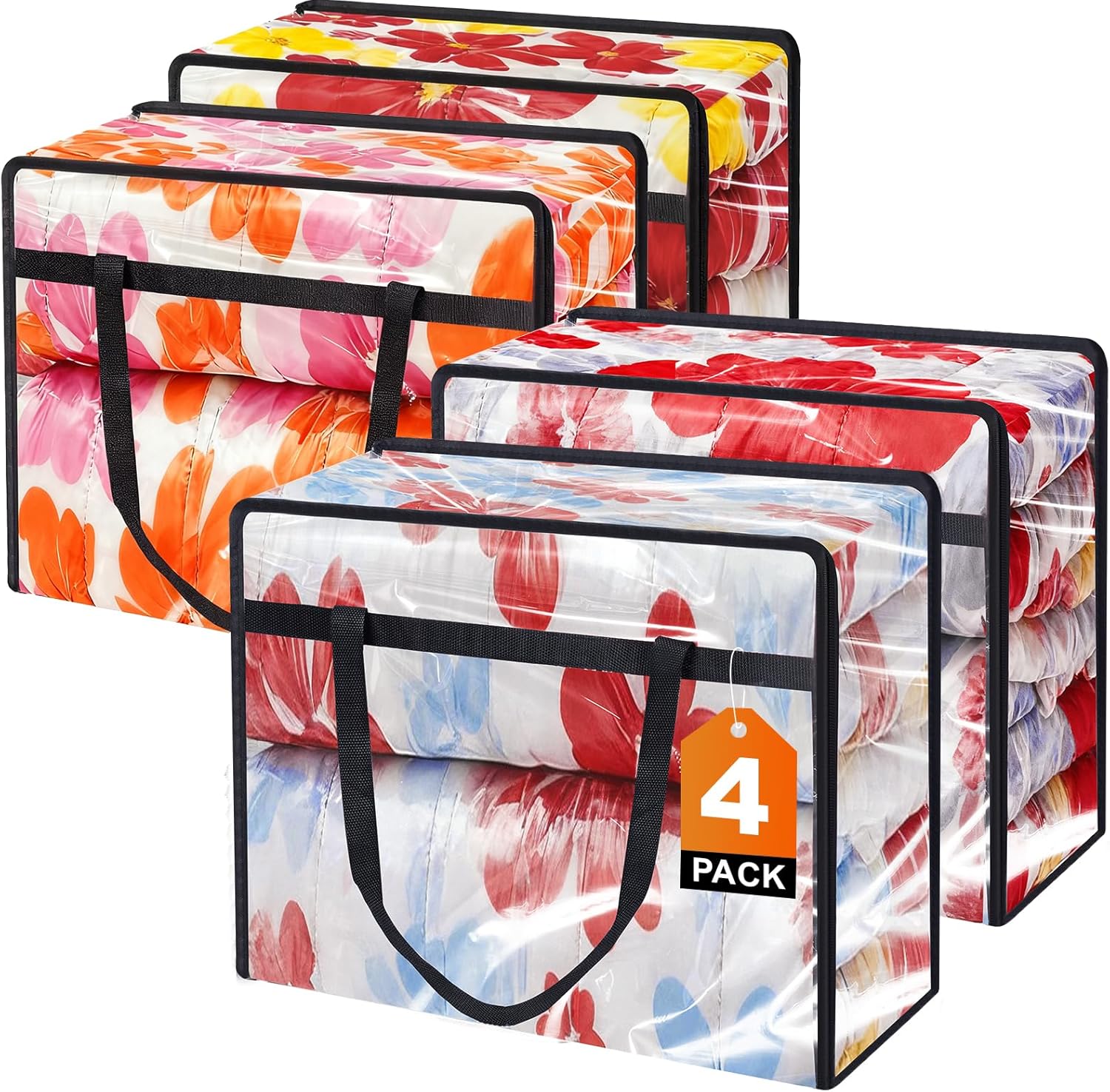 4 Pack Clear Clothes Storage Bags, Vinyl Blanket Storage Containers with Heavy Duty Zipper, Foldable Moving Bags, Closet Organizers for Bedding, Clothing, Comforters, Linens, Duvet (40L)