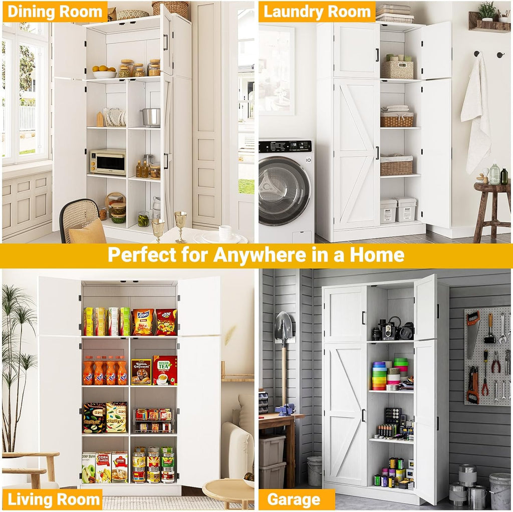 Unikito 71” Tall Storage Cabinet, Large Farmhouse Kitchen Pantry Storage Cabinet with Adjustable Shelves and Barn Doors, Versatile Storage Cupboard for Dinning Room, Bathroom, Living Room, White