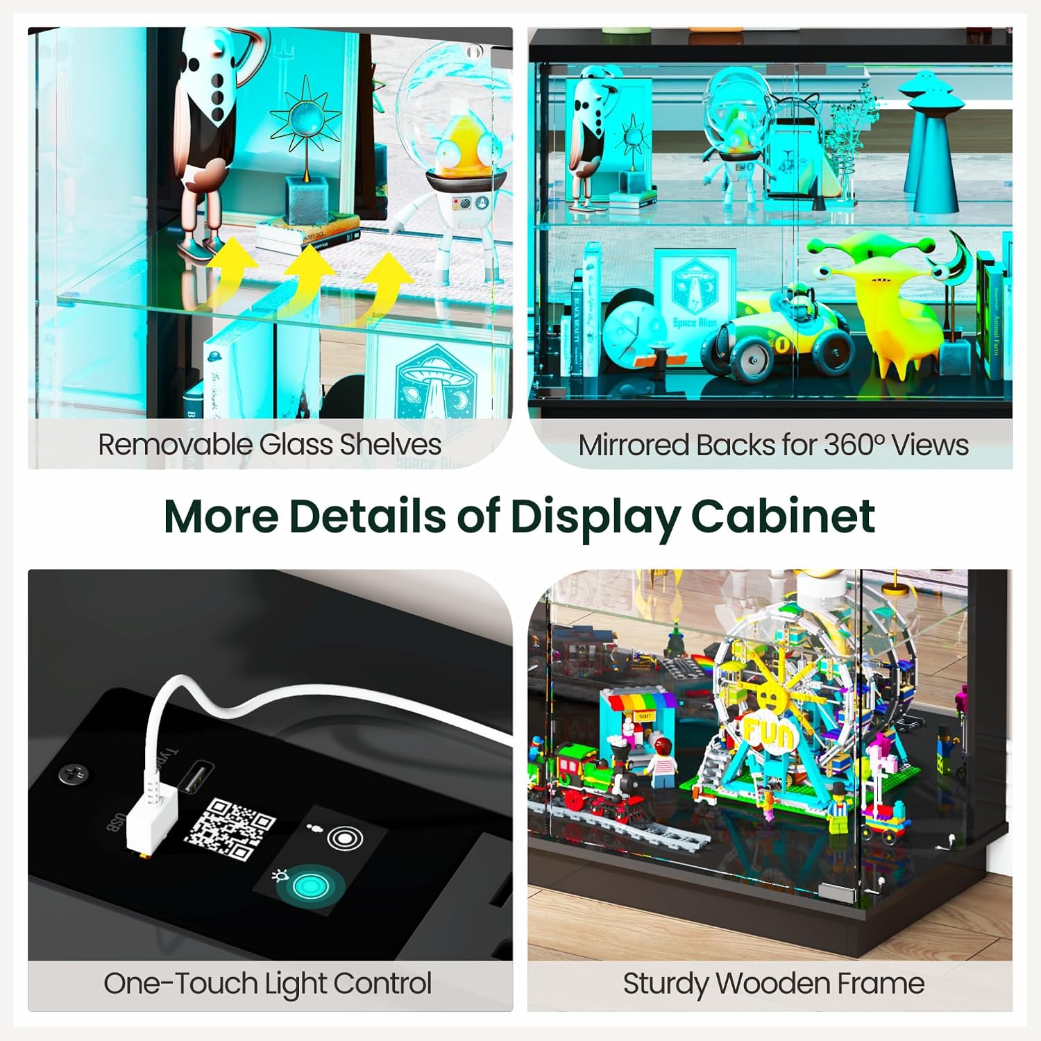 Lvifur 59" W Large Display Case - with Glass Door,Glass Display Cabinet with RGB Lights for Collectibles,Lighted Cuiro Cabinet with Motion Sensor Light,Charging Station,China Cabinets,Black