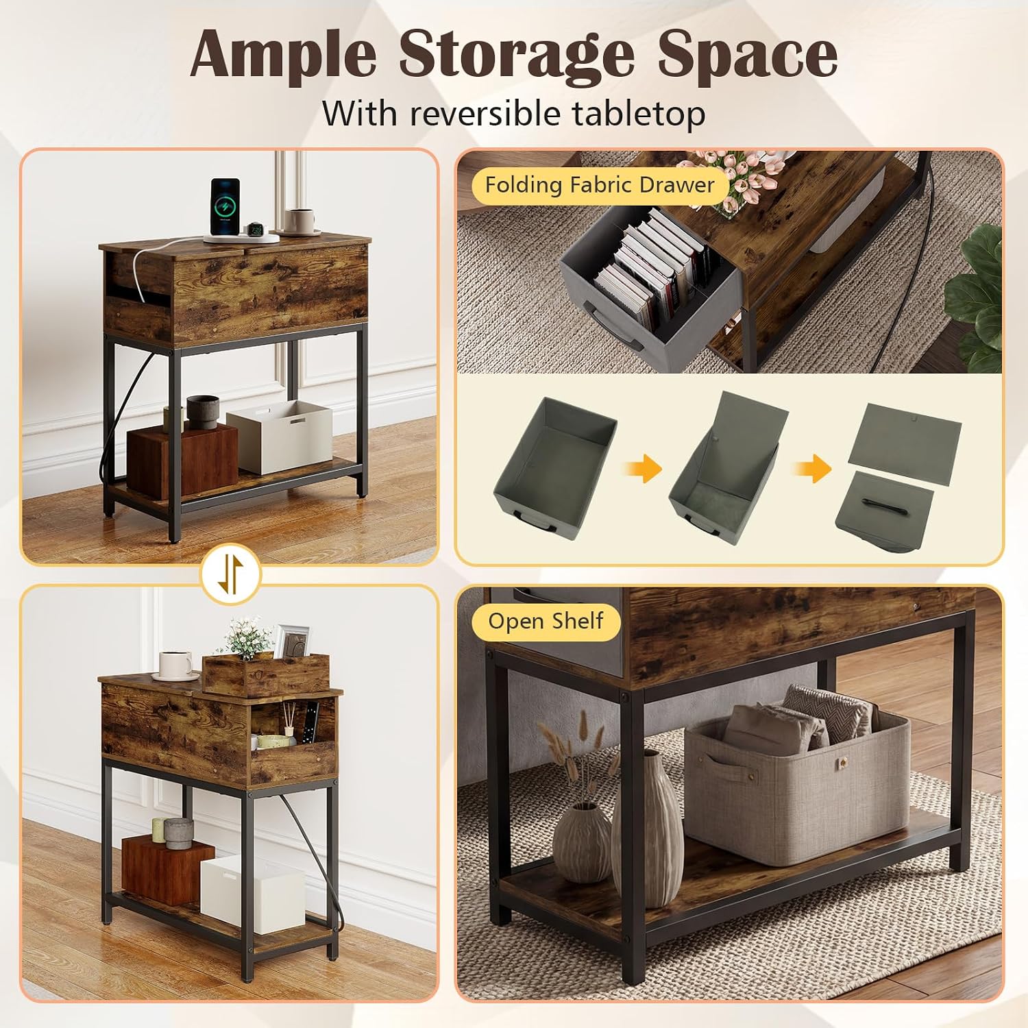GOFLAME LED End Table with Hidden Charging Station, Narrow Compact Sofa Side Table with Storage Shelf & Fabric Drawer, Industrial Nightstand for Living Room, Bedroom, Rustic Brown (1)