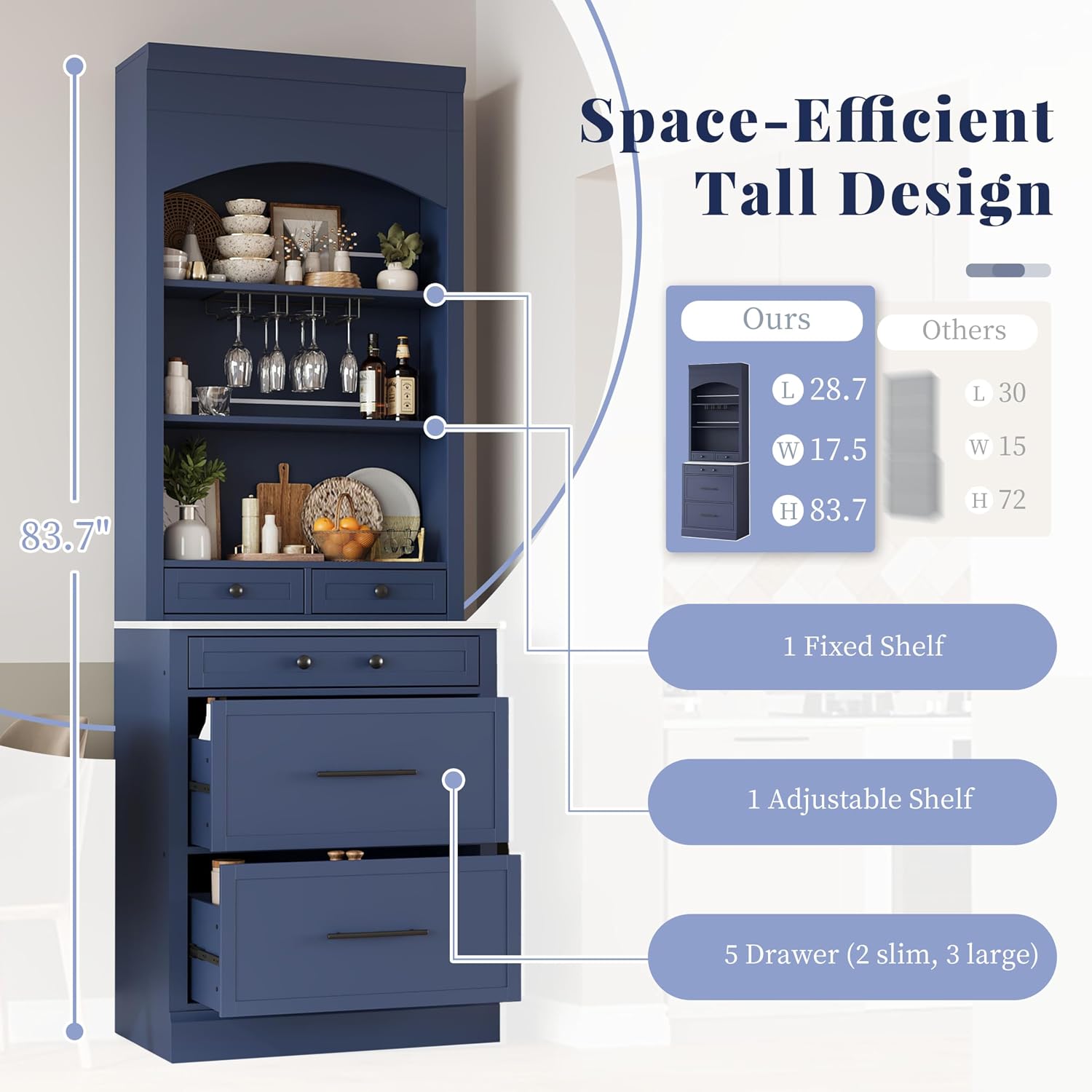 LUMISOL 83.7" Freestanding Tall Kitchen Pantry with 5 Drawers and Glass Holders, Modern Kitchens Storage Cabinet with Adjustable Shelf and Faux Marble Top, Wooden Kitchen Hutch, Blue