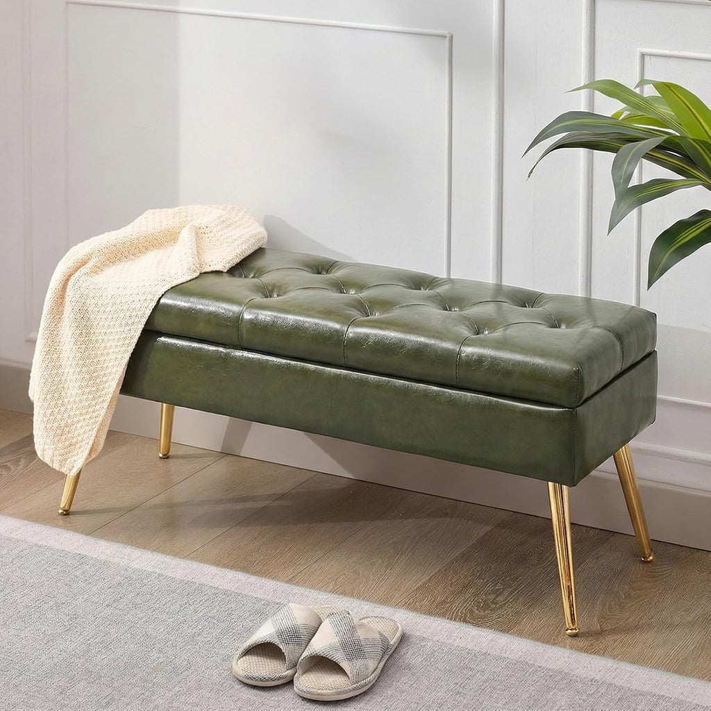 SNOWDROP 40" Upholstered Storage Bench – Vintage Olive Green End of Bed Bench with Gold Metal Legs, Button-Tufted Modern Faux Leather Ottoman Bench for Bedroom, Entryway & Living Room
