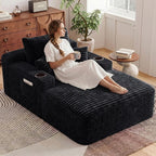 65" L Oversized Chaise Lounge Chair Indoor,Comfy Boneless Reading Chair with Cup Holder & Side Pockets,Corduroy Fabric Single Cloud Sofa Chair for Living Room & Bedroom,No Assembly, Black