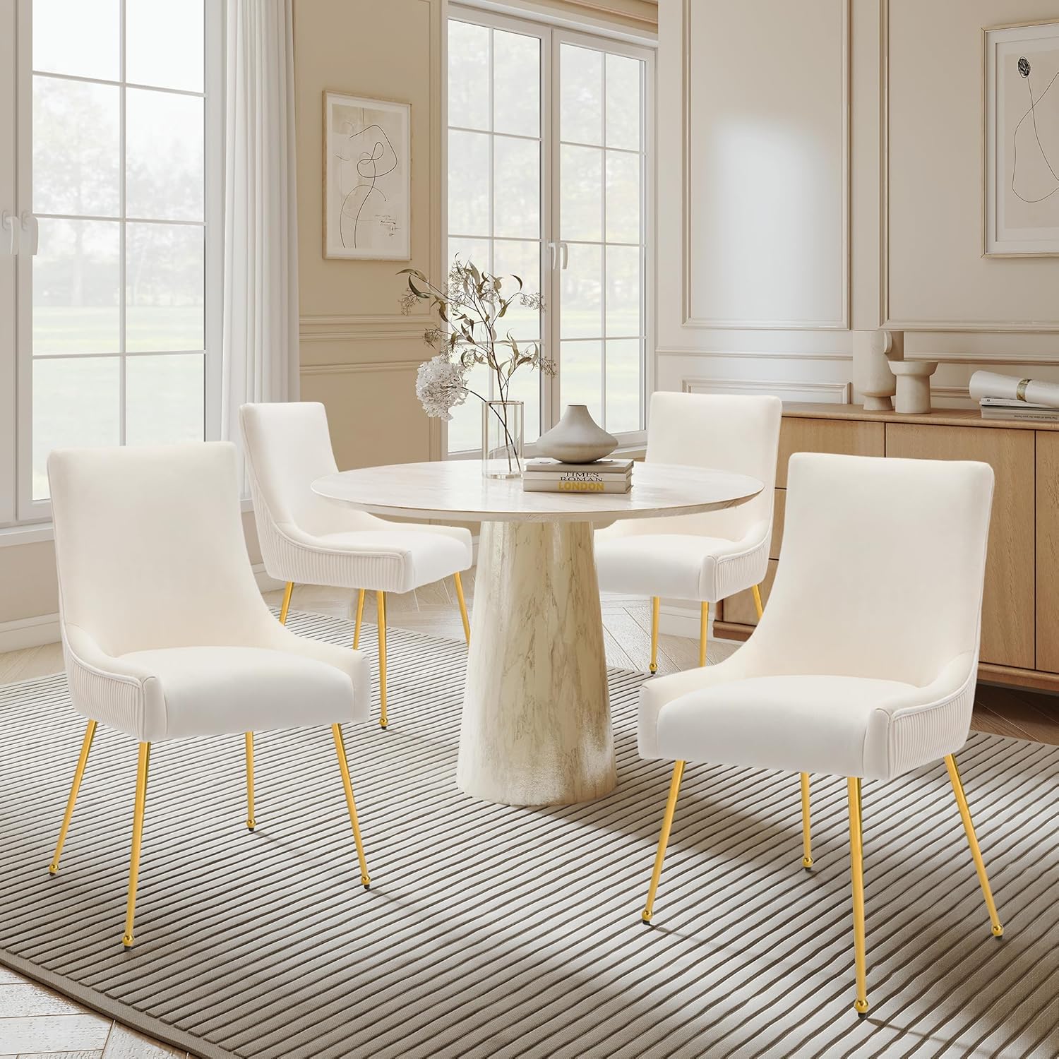 adochr Velvet Dining Chairs Set of 4, Modern Upholstered Kitchen Chair with Pull Handle & Pleated Back, Mid Century Accent Chair with Gold Metal Legs for Vanity,Dining,Kitchen,Living Room, Beige