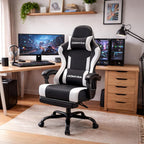Gaming Chair Gamer Game Ergonomic with Footstool Lumbar Support Deep Black | Headrest, Height and Backrest Adjustable, Deep Black Leather, 210 KG Heavy Duty Load Capacity 52cm Wingless Cushion
