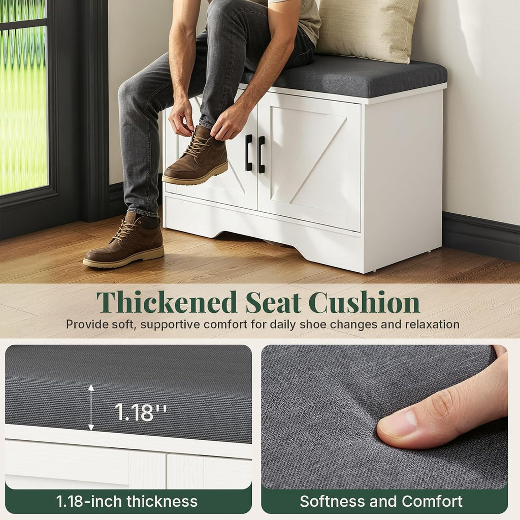 Sweetcrispy 28 Inch Storage Bench with Padded Cushion, Entryway Shoe Organizer Cabinet with 2 Doors and Adjustable Shelves for Hallway, Bedroom, Living Room, and Mudroom, White