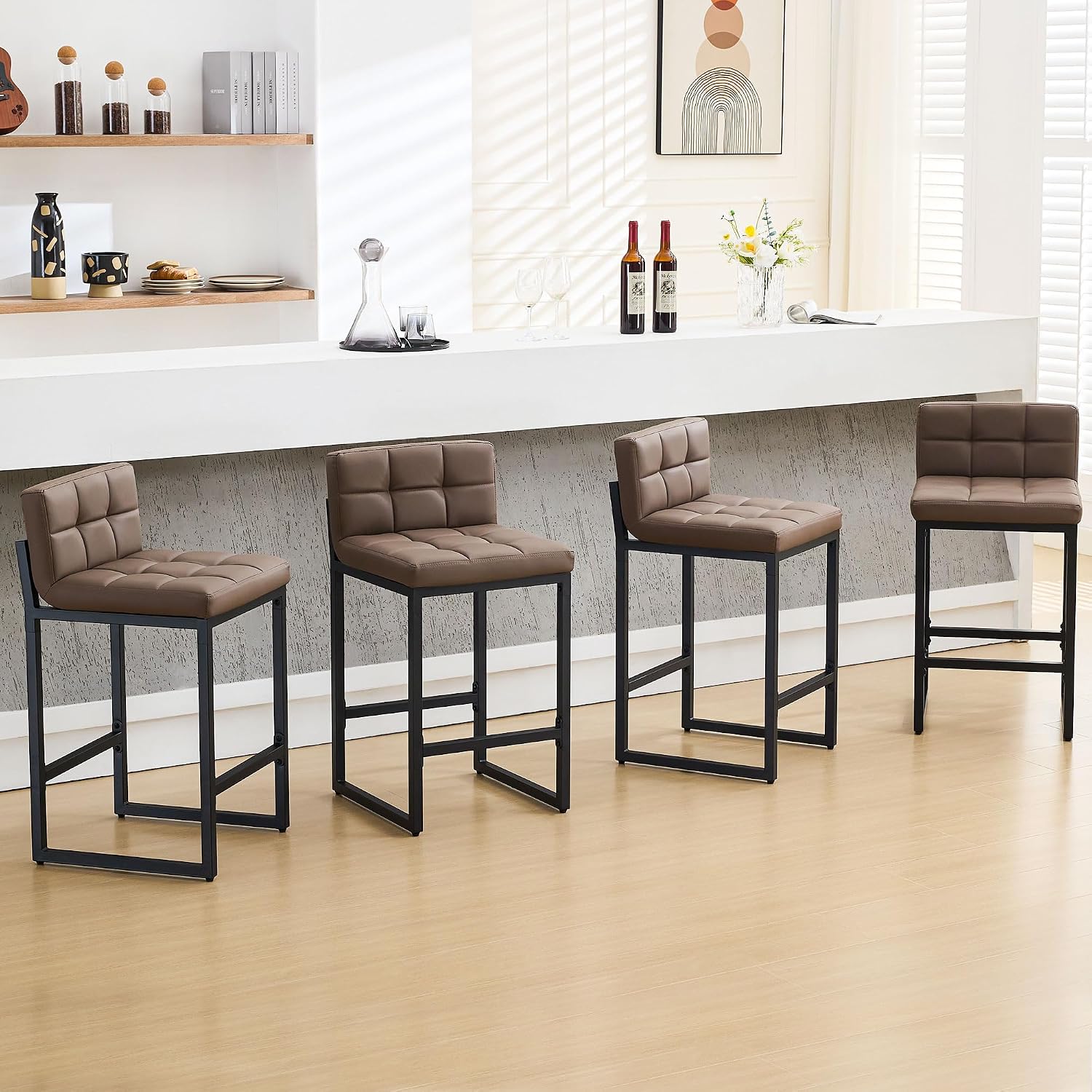 FIRAVOE Counter Height Bar Stools Set of 4, Upholstered Barstools with Back, Bar Chairs with Thickened Metal Legs, PU Leather Counter Stools for Kitchen Island (Coffee Brown, 4Pcs 26" Counter Stools)