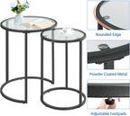 Yaheetech Round Nesting End Table Set of 2,Stacking Side Tables,Coffee Tables Set w/Metal Frame & Glass Top & Protective Foot Pads for Small Space, Living Room, Office- Black