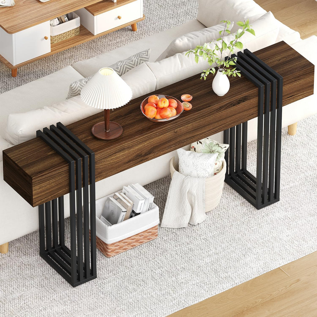 knoworld 71 Inch Long Console Table, Extra Thick Industrial Sofa Table Behind The Couch Rectangular Entryway Table for Entrance Hallway Living Room, Entire top Board & 4-Pipe Legs, Walnut