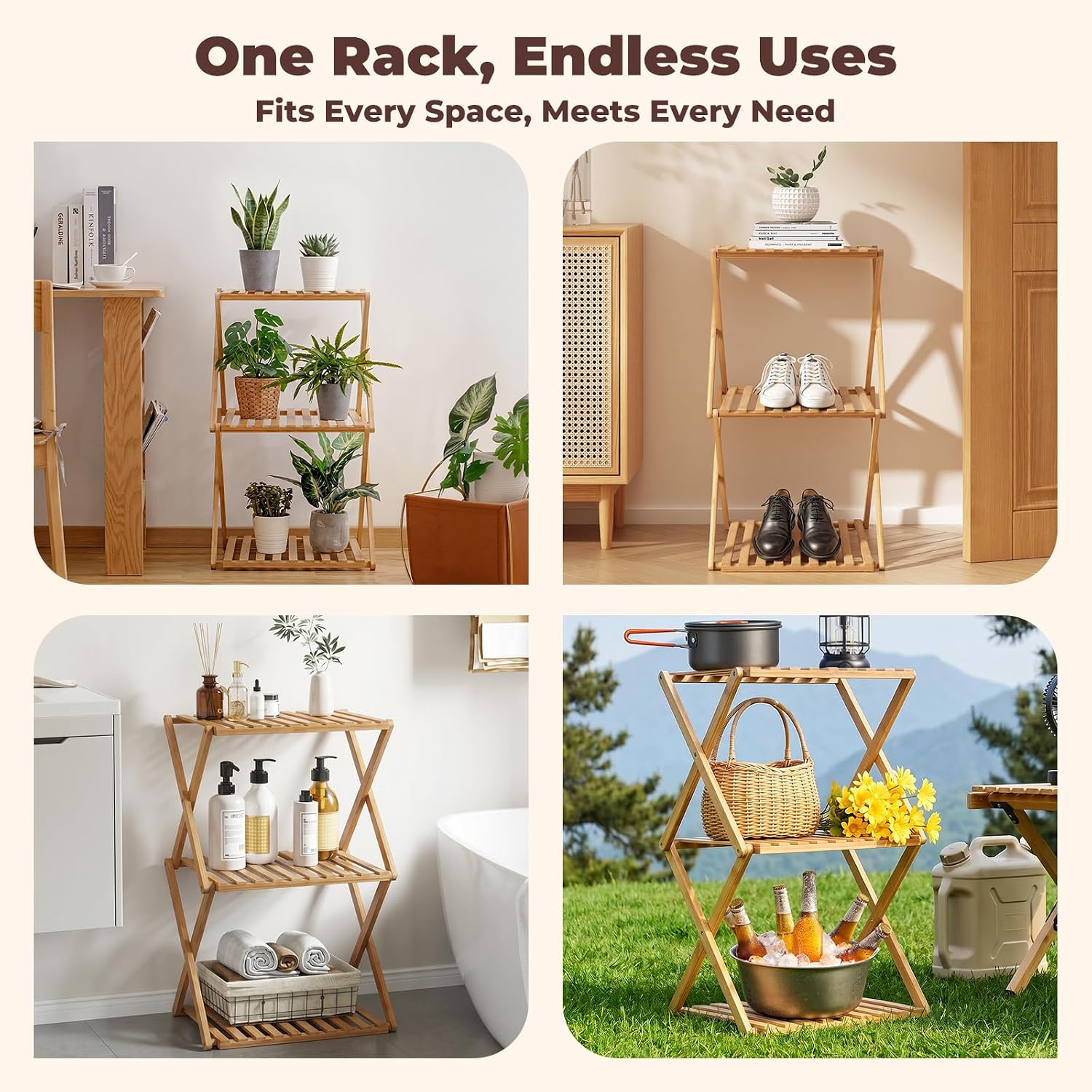 3-Tier Bamboo Folding Shelf, Multi-Purpose Storage Rack for Shoes, Plants, Camping Gear, Entryway, Closet, Bedroom, Hallway & Outdoor Use, Space-Saving Foldable Organizer